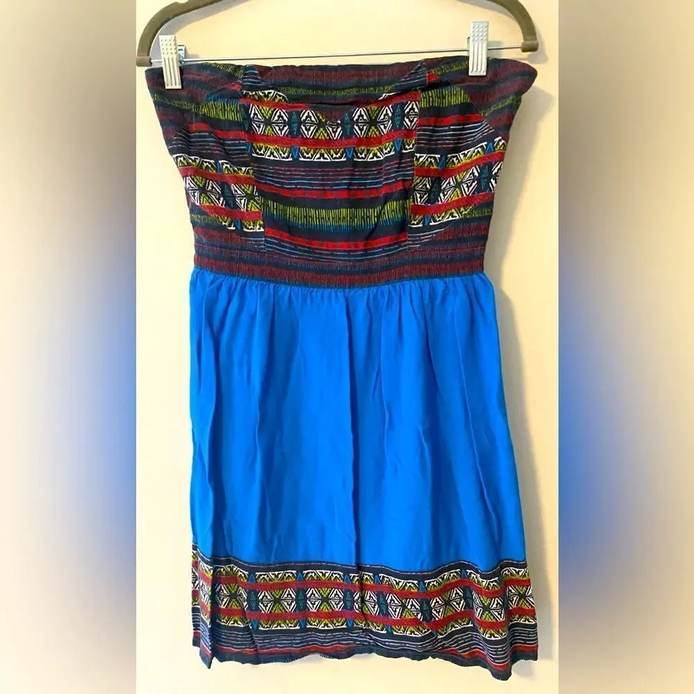 Silence & Noise, Blue Strapless Mini with Boho Print across edges, Size M - Picture 1 of 9